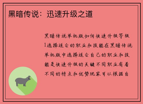 黑暗传说：迅速升级之道